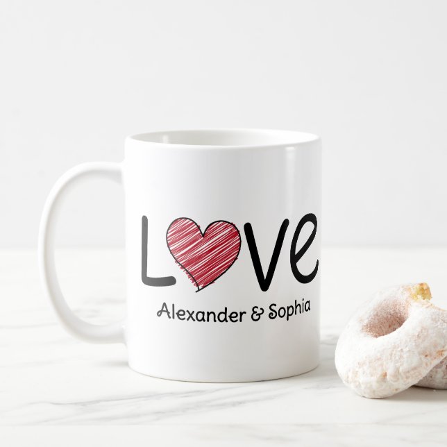 Taza De Café Couple Love Scribble Heart Modern Black & Red (Con donut)