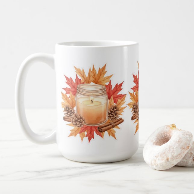 Taza De Café Cozy Fall Candle with Maple Leaves | Autumn Design (Con donut)