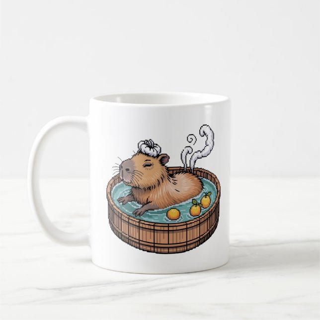 Taza De Café Cozy Pixel Art Zen Capybara Hot Spring (Izquierda)