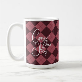 Taza De Café "Cozy Vibes Only" Deep Red Argyle Pattern