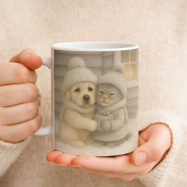 Taza De Café Cozy Winter Mug with Puppy and Kitten Illustration