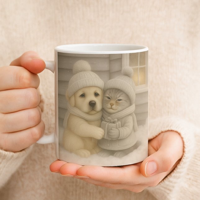 Taza De Café Cozy Winter Mug with Puppy and Kitten Illustration (Subido por el creador)