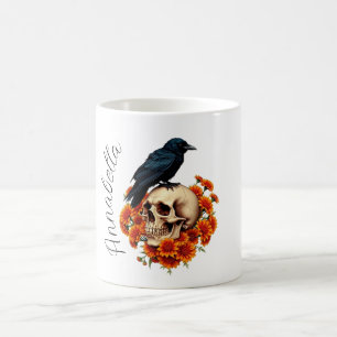 Taza De Café Cráneo Floral y Cuervo Nombre Personalizado
