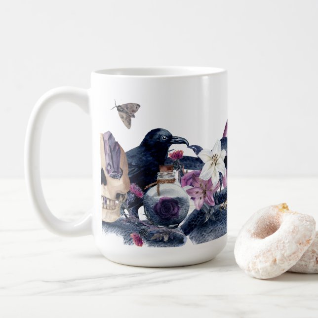 Taza De Café Cráneo gótico de Halloween y Raven (Con donut)