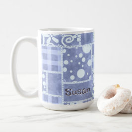 Taza De Café Crazy Quilt Blue Gingham Floral Personalized 