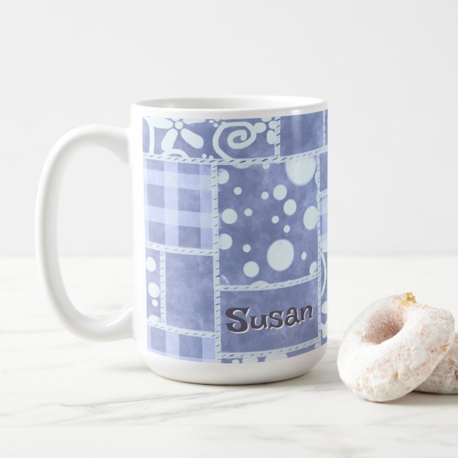 Taza De Café Crazy Quilt Blue Gingham Floral Personalized  (Con donut)