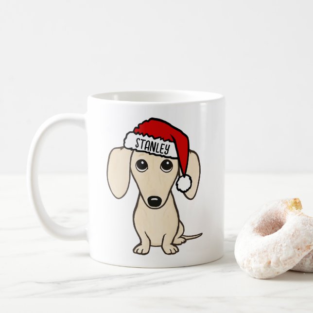 Taza De Café Cream Dachshund Santa Wiener Dog Nombre personaliz (Con donut)