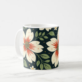 Taza De Café Cream Flowers with Red Centers & Green Leaves