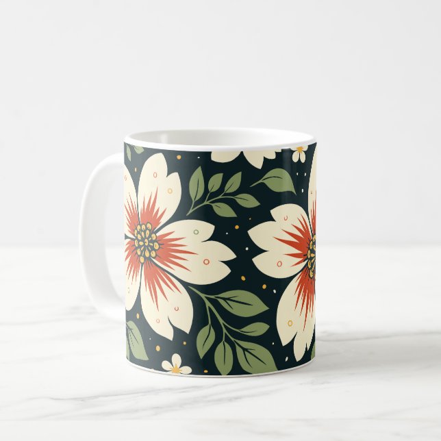 Taza De Café Cream Flowers with Red Centers & Green Leaves (Anverso izquierdo)