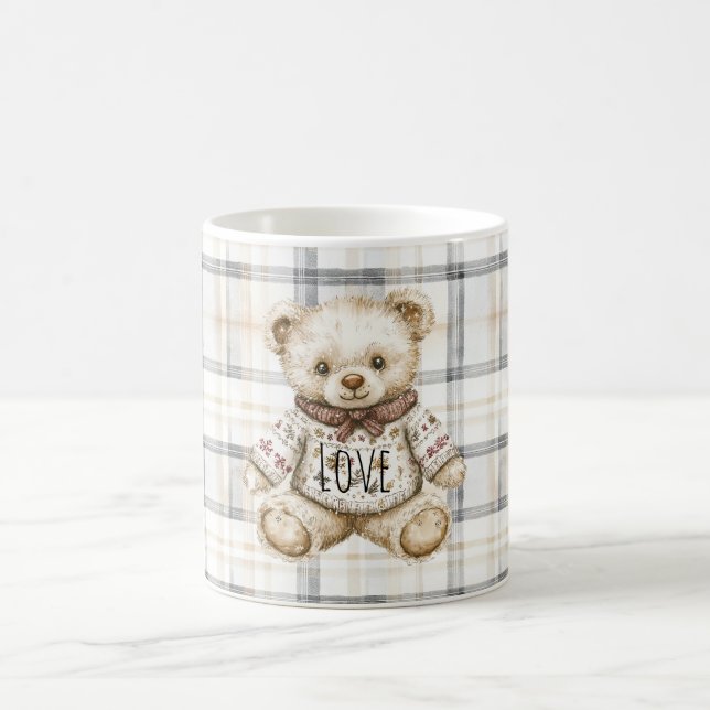 Taza De Café Cream Grey Plaid Stripes Teddy Bear Love (Centro)