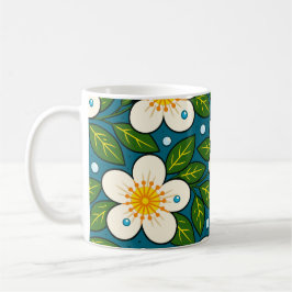Taza De Café Creamy White Florals Pattern with Green Leaves