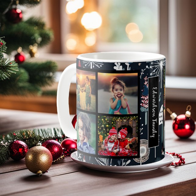 Taza De Café Crear sus propios Navidades de collage de fotos fa (Create your own family photo collage Christmas Coffee Mug. You can add your own photos and name.)
