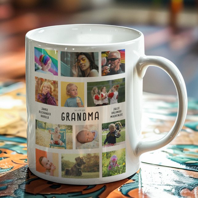 Taza De Café Crear tu propio Collage de fotos de abuelos (Personalized coffee mug with 12 photo and custom text for grandparents)