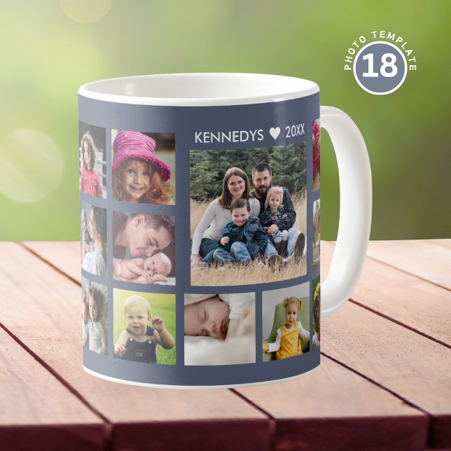 Taza De Café Create Your Own 18 Photo Collage Family Name Blue (Subido por el creador)