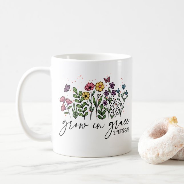 Taza De Café Crecer En Gracia Cita Cristiana Floral (Con donut)