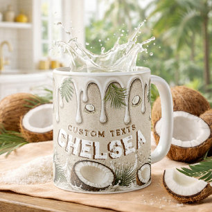 Taza De Café Crema Marrón Coco Tropical Retro Nombre Personaliz