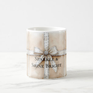 Taza De Café Crema Plata Blanca Glitzy Glam Bow Cumpleaños