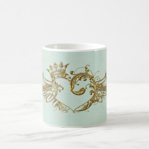 Taza De Café Crema vintage del corazón alado Aqua