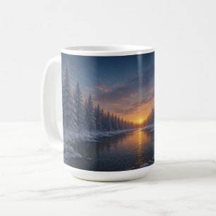 Taza De Café Crepúsculo sobre el río invernal