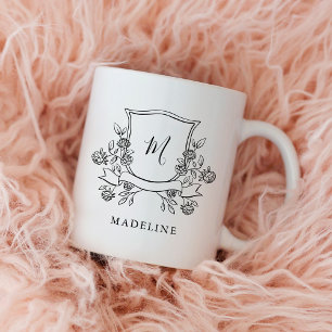 Taza De Café Crest Floral Elegante   Monograma y Nombre