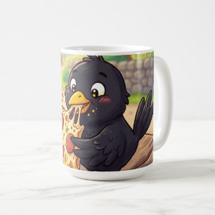Taza De Café Cría de mirlo dibujado comiendo pizza