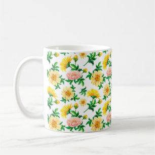 Taza De Café Crisantemo acuarela. Flores amarillas con tamaño