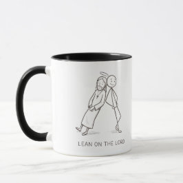 Taza de café cristiana con figura de palo apoyada 