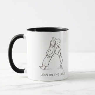 Taza de café cristiana con figura de palo apoyada