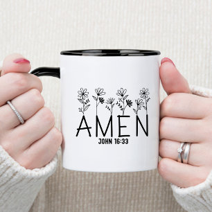 Taza de café cristiana con versículo bíblico Amén