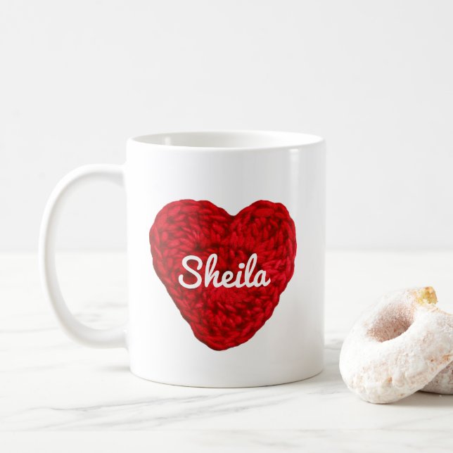Taza De Café Crochet Yarn Heart + Name Red (Con donut)