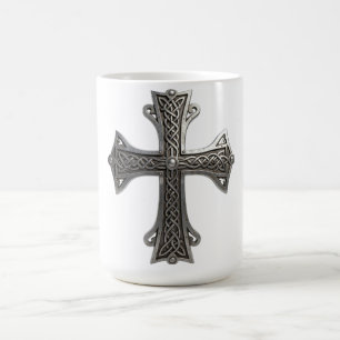 Taza De Café Cruz Celta de Plata Ornamentada con Intrincado Pat