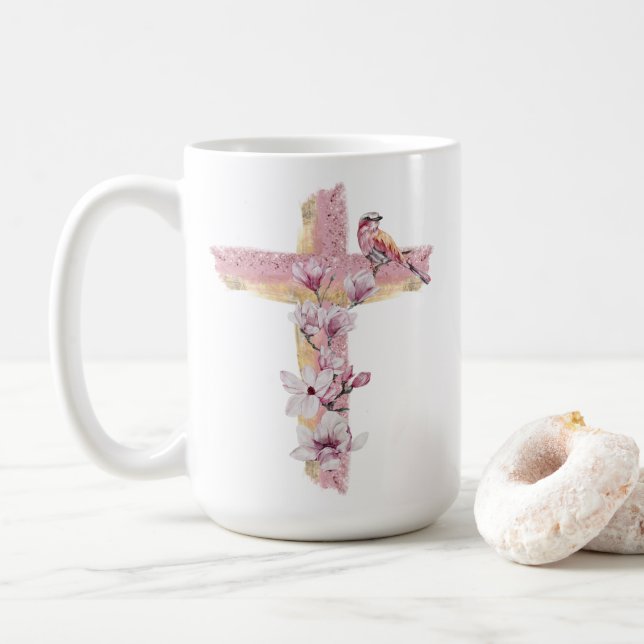 Taza De Café Cruz cristiana con magnolias rosas (Con donut)