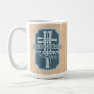 Taza De Café Cruz de Clavos en Escudo Salmo 28:7 Diseño Bíblico