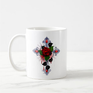 Taza De Café Cruz de Plata con una Rosa Roja
