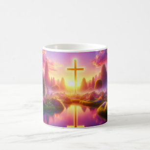 Taza De Café Cruz dorada en un paraíso celestial