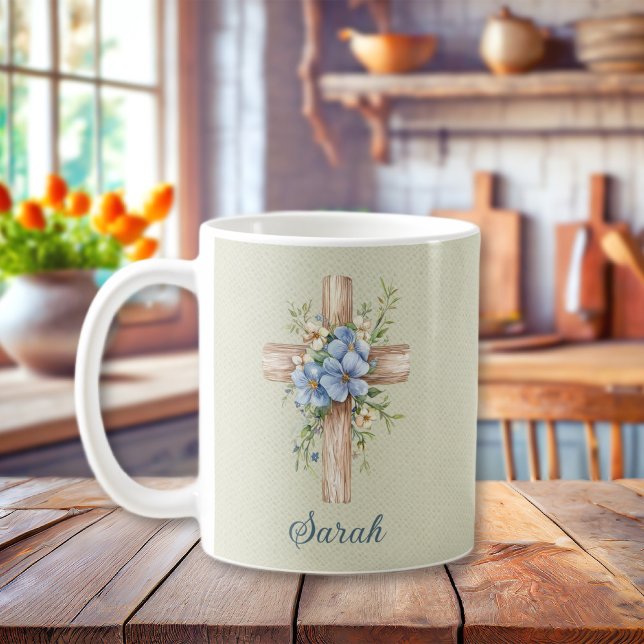 Taza De Café Cruz floral azul acuarela personalizada (Watercolor Blue Floral Cross Personalized Coffee Mug
)