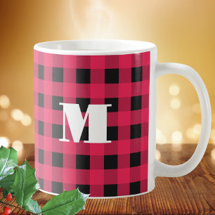 Taza De Café Cuadro de Búfalo Rojo Negro Monograma Navidad