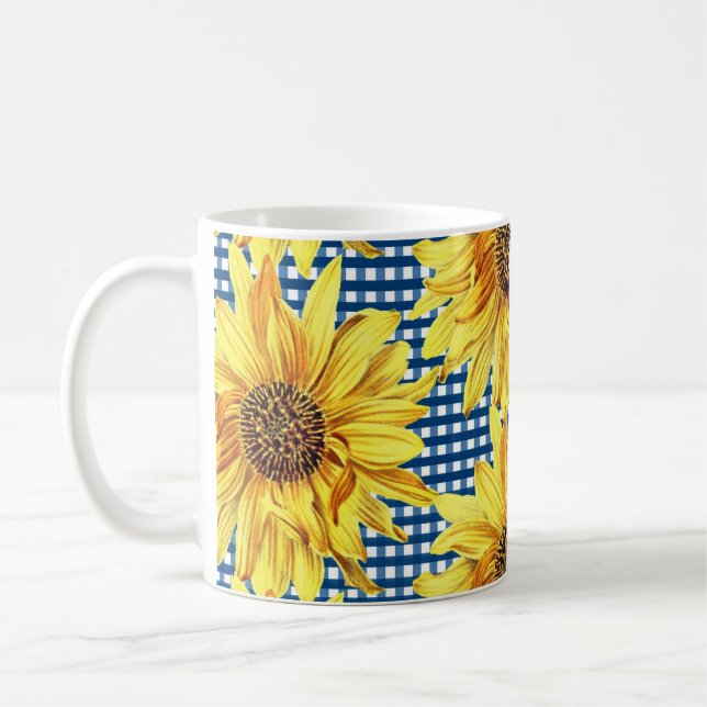 Taza De Café Cuadro de Gingham Azul con Girasoles (Izquierda)