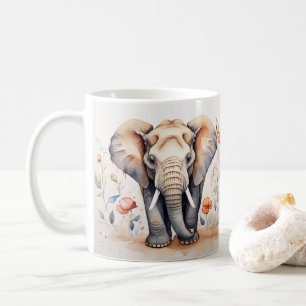 Taza De Café Cuadros acuáticos de elefantes y flores encantador