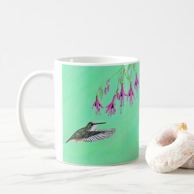 Taza De Café Cuadros de colibrí y fucsia (Con donut)