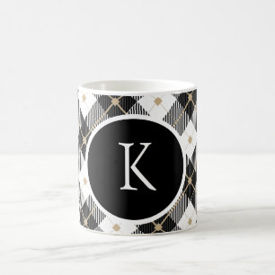 Taza De Café Cuadros de Plaid Negro Blanco y Dorado Personaliza
