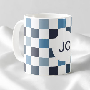 Taza De Café Cuadros Monograma Azul Blanco Moderno Sencillo