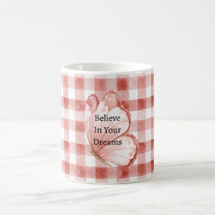 Taza De Café Cuadros rojos rayas mariposa rosa Cree 