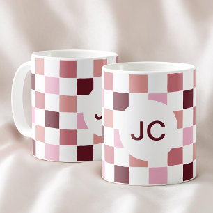 Taza De Café Cuadros Rosa Burdeos Moderno Sencillo Monograma
