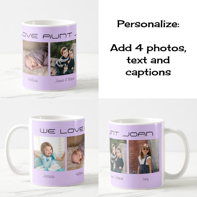 Taza De Café Cuatro fotos texto editable lilac personalizado (Classic coffee mug. 'Design theme' lilac)
