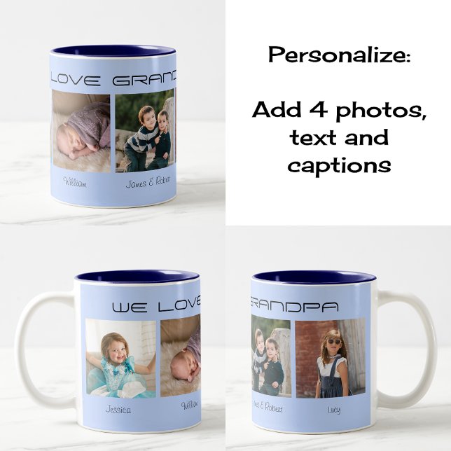 Taza De Café Cuatro fotos texto editable personalizado (Two-tone coffee mug, navy color choice. 'Design theme' blue)