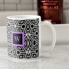 Taza De Café Cubismo blanco gris negro con monograma morado