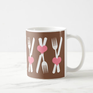 Taza De Café Cuchillo y bifurcación - corazones rosados, Brown