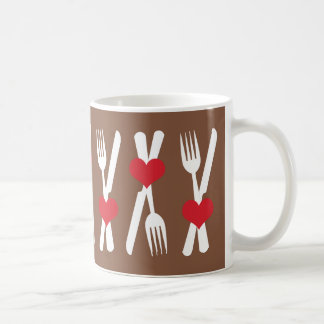 Taza De Café Cuchillo y tenedor - Corazón rojo, tazón marrón y 