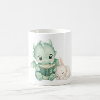 Taza De Café Cuento adorable del dragón bebé conejo leyendo un